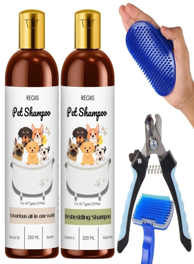 REGIIS Pet Shampoo Set with Grooming Tools, All-in-One Wash and Deshedding Formula, 200ml Bottles, Includes Nail Clipper and Brushes for Dogs - Image 1